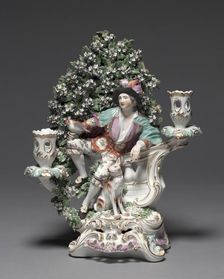 Candelabrum with Shepherd and Dog Figure, c. 1775. Creator: Derby Porcelain Factory (Chelsea-Derby Period)