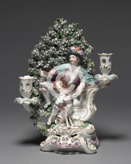 Candelabrum with Shepherd and Dog Figure, c. 1775. Creator: Derby Porcelain Factory (Chelsea-Derby Period).
