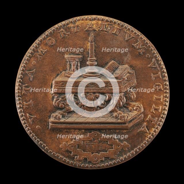 Candle, Hourglass, and Book on a Table [reverse], 1568. Creator: Jacques Jonghelinck.
