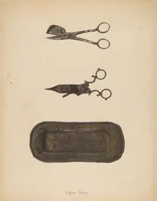 Candle Snuffer, Trimmer & Tray, c. 1937. Creator: Eugene Bartz