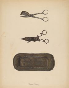 Candle Snuffer, Trimmer & Tray, c. 1937. Creator: Eugene Bartz