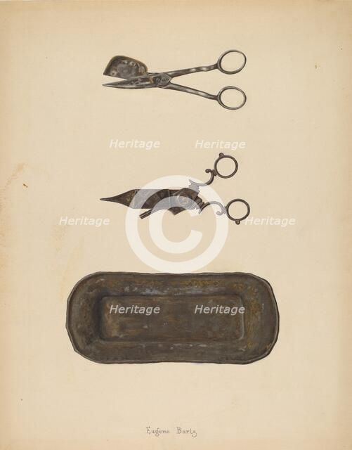 Candle Snuffer, Trimmer & Tray, c. 1937. Creator: Eugene Bartz.