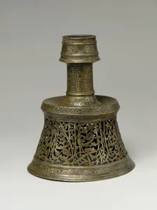 Candlestick inscribed with Wishes for Good Fortune, Peace and Happiness to its Owner, Iran, c1500. Creator: Unknown