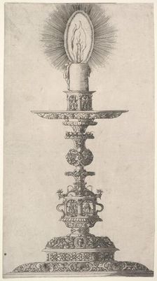 Candlestick with Lighted Candle from: Insigne Ac Plane Novum Opus Cratero graphicum; Ein n..., 1551. Creator: Mathias Zundt