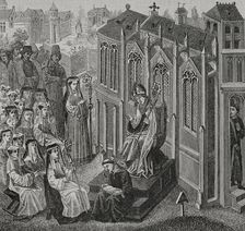 Canonesses gathered in Nivelles, where Walcaud, bishop of Liège, (810-832)...late 14th cent (1877). Creator: Unknown