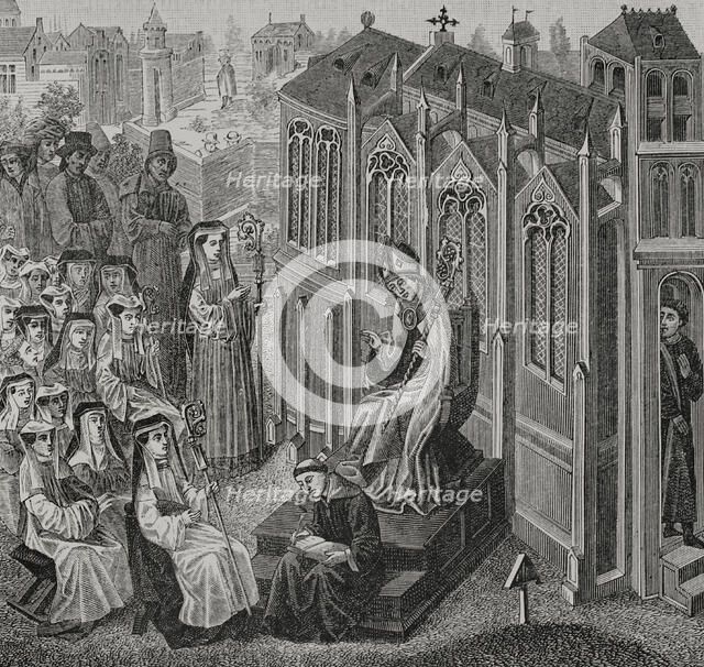 Canonesses gathered in Nivelles, where Walcaud, bishop of Liège, (810-832)...late 14th cent (1877).  Creator: Unknown.