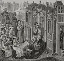Canonesses gathered in Nivelles, where Walcaud, bishop of Liège, (810-832)...late 14th cent (1877). Creator: Unknown
