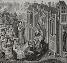 Canonesses gathered in Nivelles, where Walcaud, bishop of Liège, (810-832)...late 14th cent (1877). Creator: Unknown