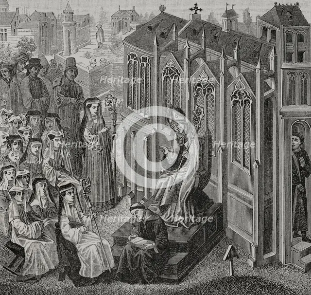 Canonesses gathered in Nivelles, where Walcaud, bishop of Liège, (810-832)...late 14th cent (1877).  Creator: Unknown.