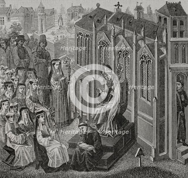 Canonesses gathered in Nivelles, where Walcaud, bishop of Liège, (810-832)...late 14th cent (1877).  Creator: Unknown.