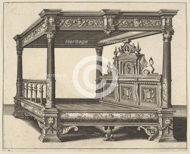 Canopy Bed from 'Verscheyden Schrynwerck (...)' ['Plusieurs Menuiseries (...)'], 1658. Creator: Paul Vredeman de Vries.