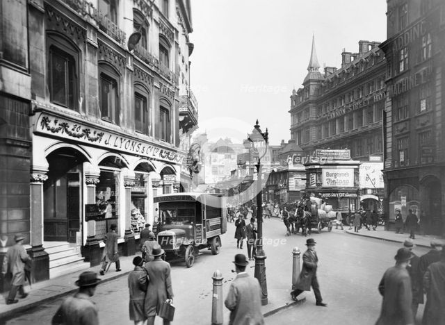 Cannon Street with Lyons shop, hotel and station, London, c1920-c1930.  Creator: George Davison Reid.