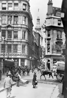 Cannon Street and St Mary Aldermary Church, London, c1920s. Creator: George Davison Reid