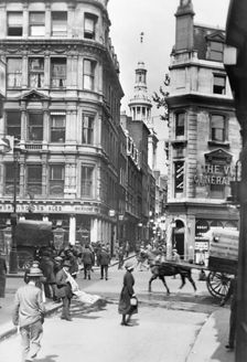 Cannon Street and St Mary Aldermary Church, London, c1920s. Creator: George Davison Reid