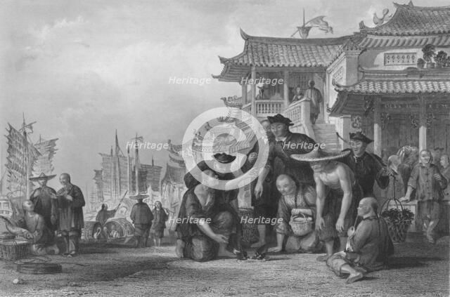 'Canton Barge-men fightng Quails', 1843. Artist: Augustus Fox.