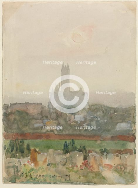 Canterbury Cathedral (recto); Hands Holding a Book (verso), 1889. Creator: Childe Hassam (American, 1859-1935).