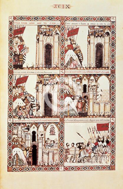 Cantiga XCIX: 'Como Santa Maria destruyu un gran poboo de mouros que entraran ha vila de crischao…