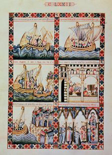 Cantiga CLXXII: Como un mercader va en su nave a Acre para vender y comprar mercancías y promete…