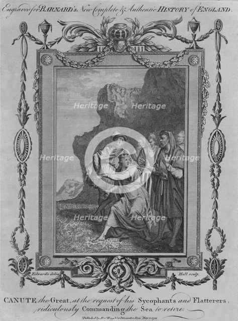 'Canute the Great, at the request of his Sycophants and Flatterers, ridiculously Commanding the Sea  Artist: John Hall.