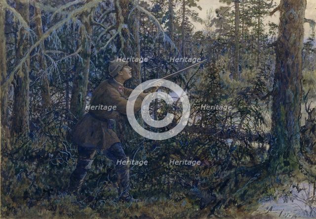 Capercaillie Hunting, 1937. Artist: Lissner, Ernest Ernestovich (1874-1941)