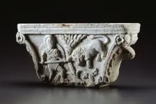 Capital with Man Fighting Lion (A) and Riding Griffin (B), c. 1180. Creator: Unknown