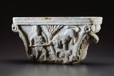 Capital with Man Fighting Lion (A) and Riding Griffin (B), c. 1180. Creator: Unknown