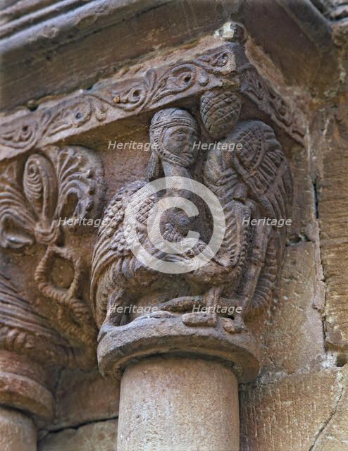 Capital with anthropomorphic decoration on the outside of one of the galleries of the cloister of…