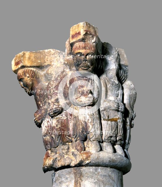 Capital with polychromed stone sculpture representing the abbot of Camprodon with the monastic co…