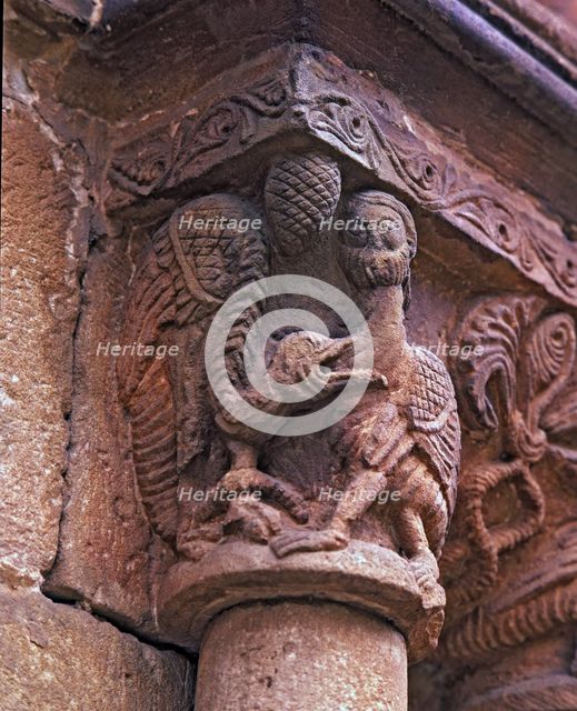 Capital decorated with animal motifs in the cloister of the old monastery.