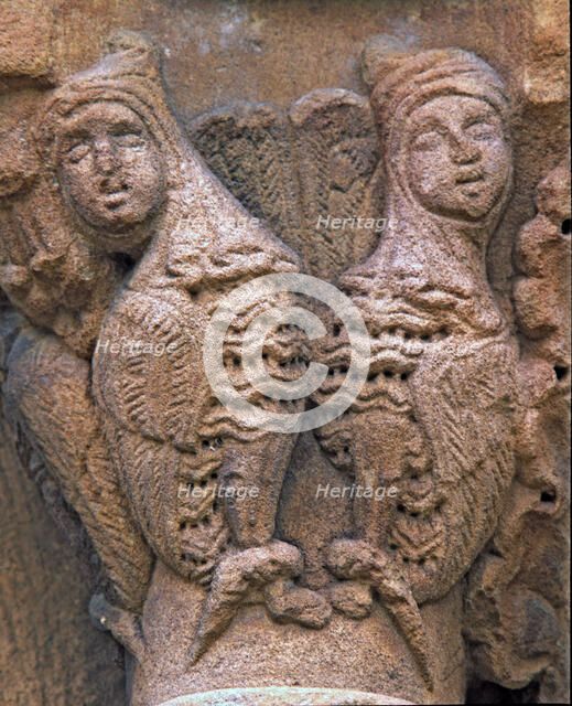 Capital decorated with antrozoomorphic figures outside the north gallery of the cloister of the M…