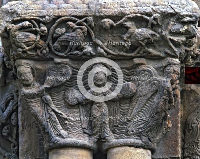 Capital of the Church of Santo Domingo de Soria, scene of Genesis, the Eternal Father separates t…