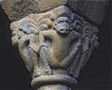 Capital of the cloister of the Cathedral of La Seu d'Urgell, decorated with apes