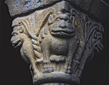 Capital of the cloister of the Cathedral of La Seu d'Urgell, decorated with a lion