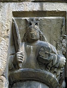 Capital of one of the Gothic galleries of the cloister built between (1387 - 1401) representing a…