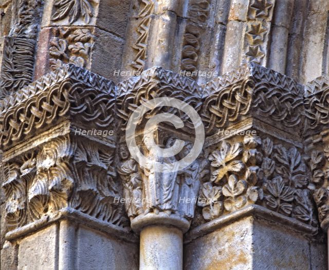 Capitals of the front of the chapel of Santa Lucia at the Cathedral, decorated with geometric and…
