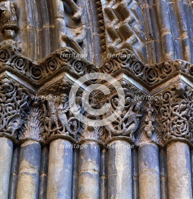 Capitals with arabesque ornamentation on the doorway of the church of Santa Maria de Agramunt.