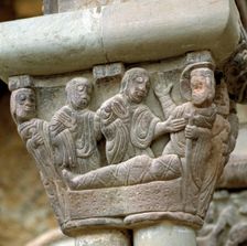 Capitel representing the Resurrection of Lazarus in the cloister of the monastery of San Juan …