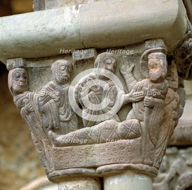 Capitel representing the 'Resurrection of Lazarus', in the cloister of the monastery of San Juan …