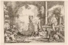 Capriccio of Antique Ruins with Men Gazing at a Classical Orator, 1720s. Creator: Marco Ricci