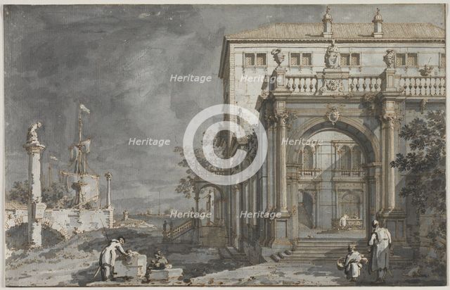 Capriccio: A Palace with a Courtyard by the Lagoon, c. 1750-1755. Creator: Antonio Canaletto (Italian, 1697-1768).