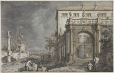 Capriccio: A Palace with a Courtyard by the Lagoon, c. 1750-1755. Creator: Antonio Canaletto (Italian, 1697-1768)