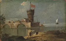 Capriccio with a Circular Tower, Two Houses, and a Bridge, 18th century. Creator: Unknown