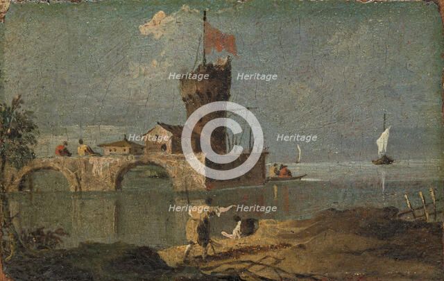 Capriccio with a Circular Tower, Two Houses, and a Bridge, 18th century. Creator: Unknown.