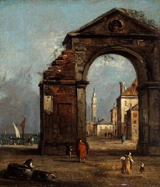 Caprice, with ruined triumphal arch and landscape of the edge of the lagoon. Creator: Francesco Guardi