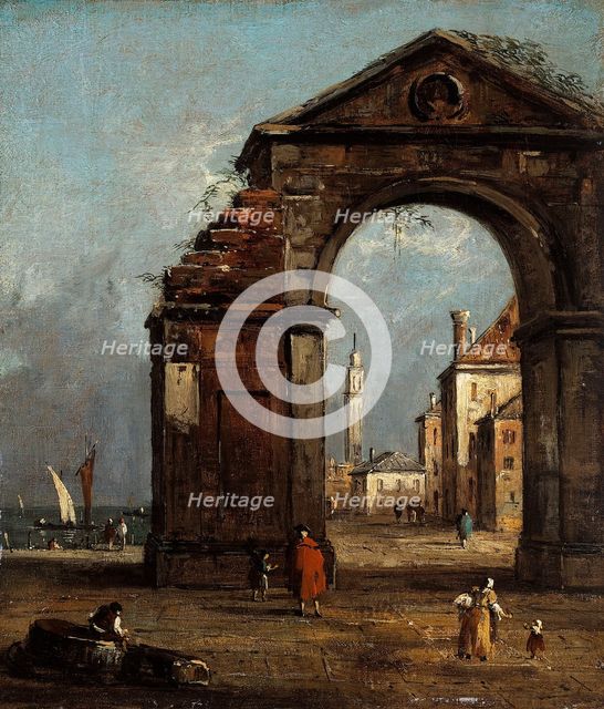 Caprice, with ruined triumphal arch and landscape of the edge of the lagoon. Creator: Francesco Guardi.