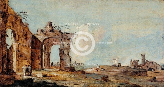 Caprice, with ruined arch and fishermen's houses. Creator: Francesco Guardi.