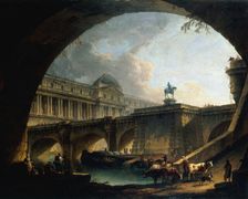 Caprice architectural : un palais inspiré du Louvre et le Pont-Neuf s'encadrant dans..., c1775. Creator: Pierre-Antoine Demachy