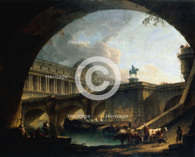 Caprice architectural : un palais inspiré du Louvre et le Pont-Neuf s'encadrant dans..., c1775. Creator: Pierre-Antoine Demachy.