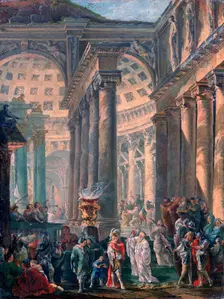 Caprice d'un Temple Romain avec l'Enterrement Triomphal d'Alexandre le Grand 1755-1760. Artist: Robert Hubert