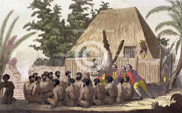 'Captain Cook observes an Offering, Sandwich Islands', 1778-1779 (19th century). Creator: Angelo Biasioli.